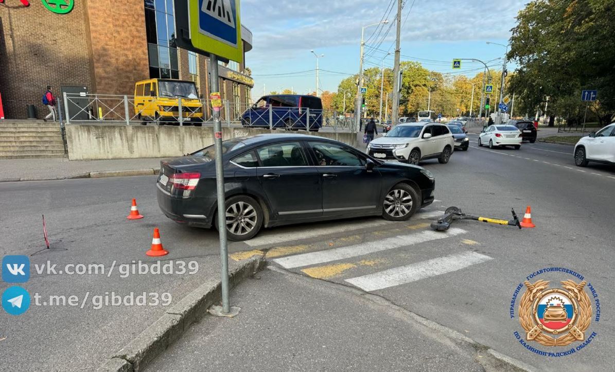 В Калининграде на «зебре» самокатчик угодил под колеса авто